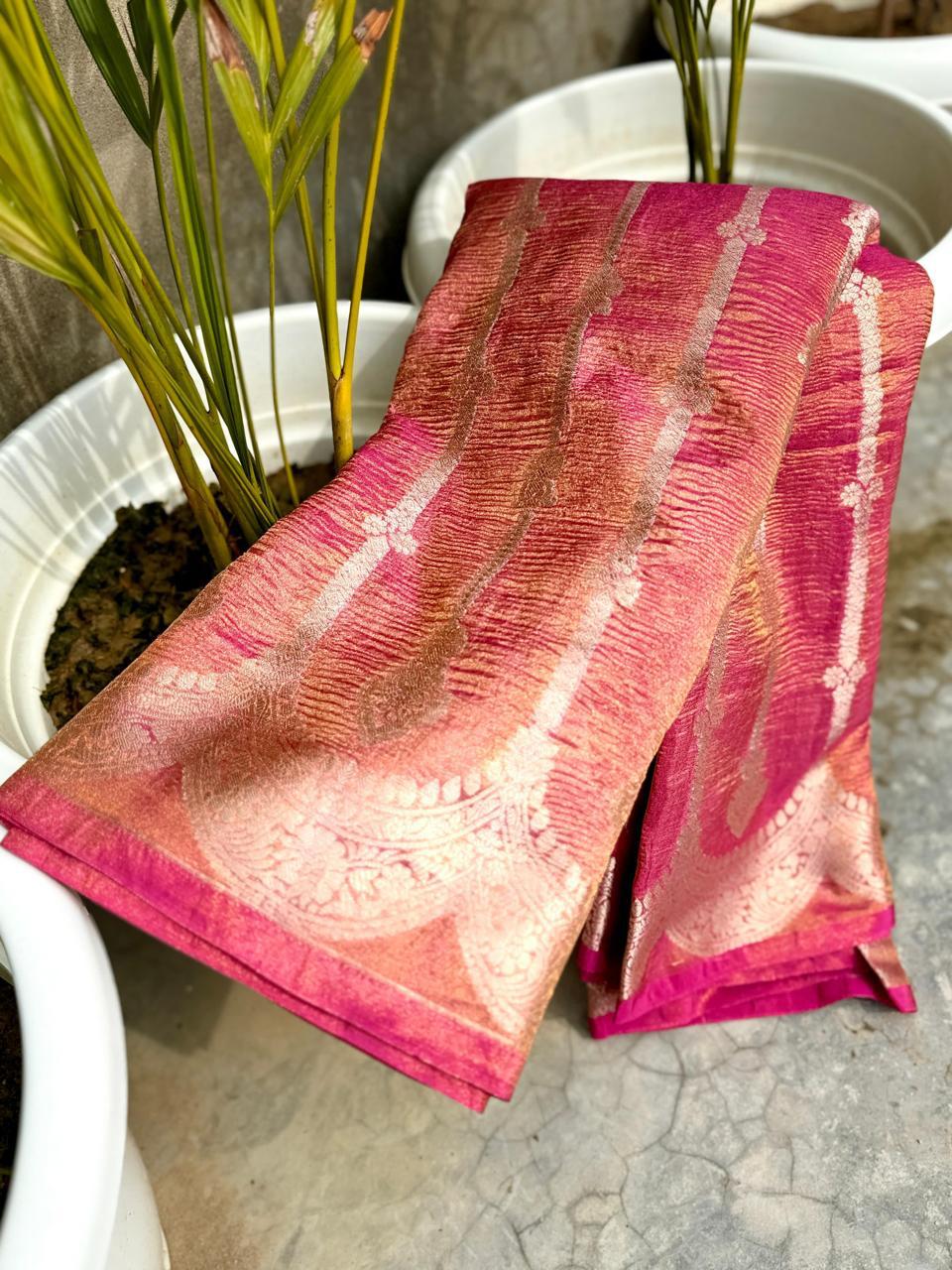 Pre-Draped Pink Banarasi Crush Tissue Katan Silk Saree