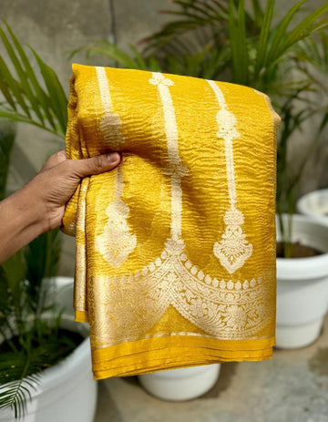 Pre-Draped Yellow Banarasi Crush Tissue Katan Silk Saree