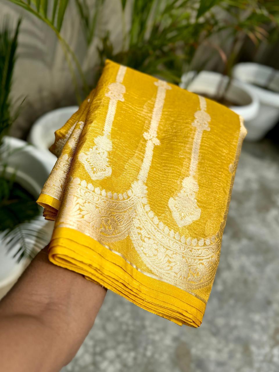 Pre-Draped Yellow Banarasi Crush Tissue Katan Silk Saree