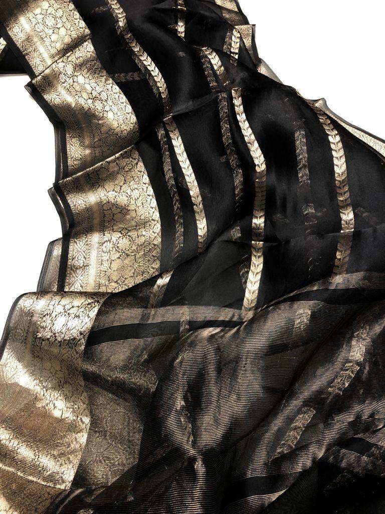 Pre-Draped Black Kora Organza Banarasi Silk Saree