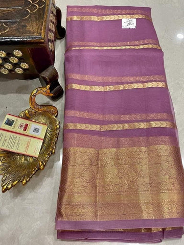 Pre-Draped Mauve Kora Organza Banarasi Silk Saree