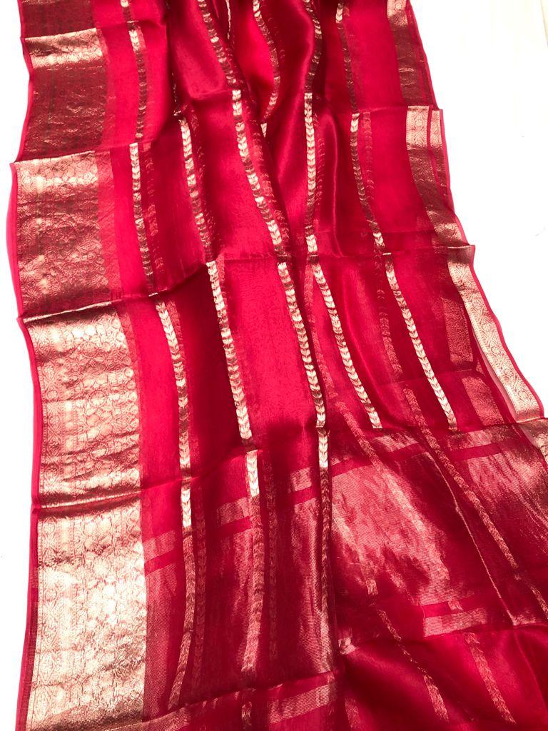 Pre-Draped Red Kora Organza Banarasi Silk Saree