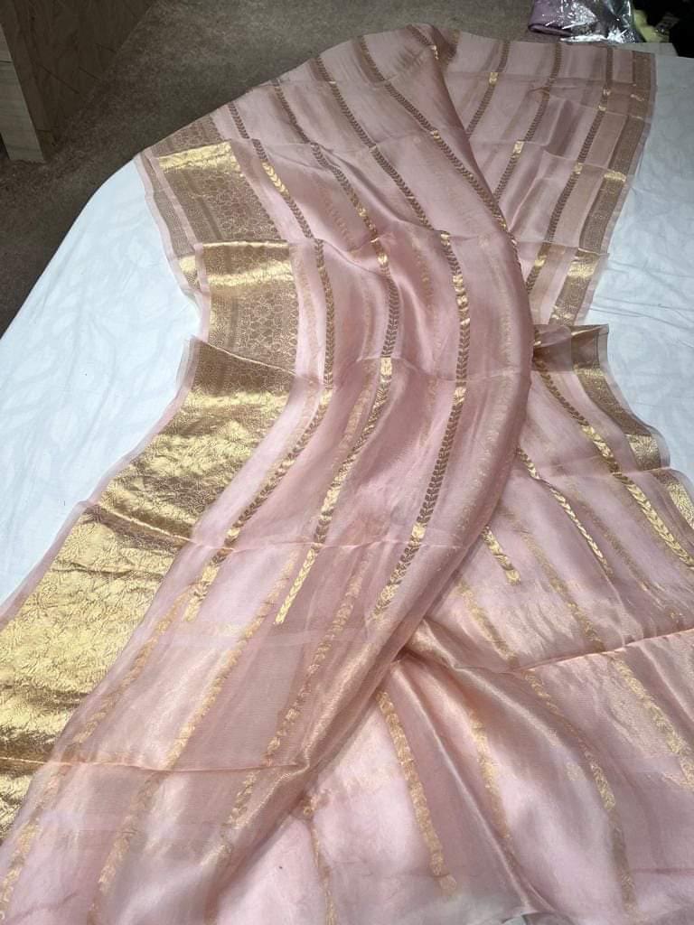 Pre-Draped Light Pink Kora Organza Banarasi Silk Saree