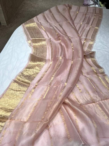 Pre-Draped Light Pink Kora Organza Banarasi Silk Saree