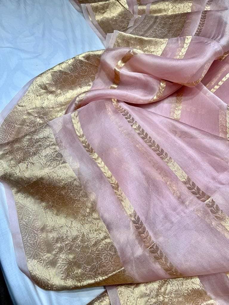 Pre-Draped Light Pink Kora Organza Banarasi Silk Saree