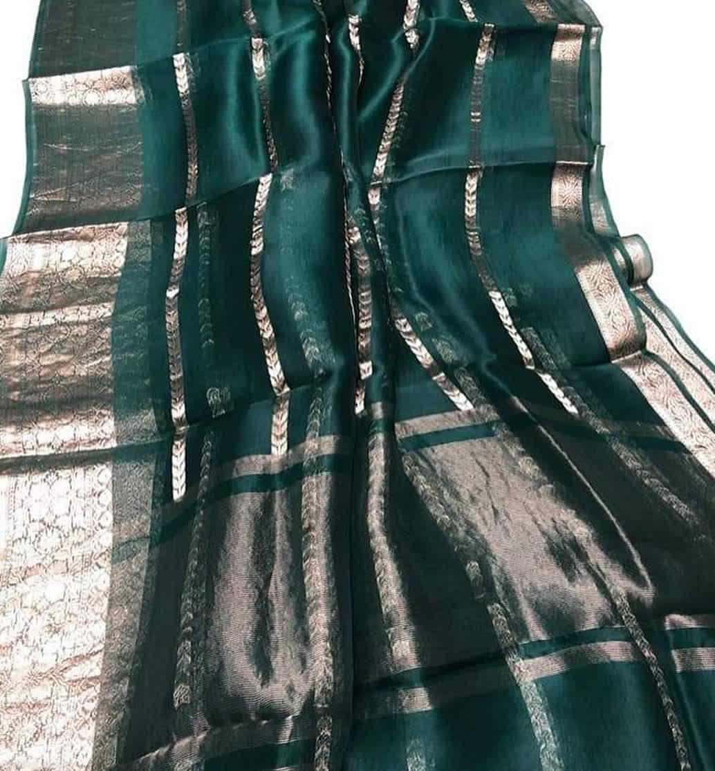 Pre-Draped Pine Green Kora Organza Banarasi Silk Saree