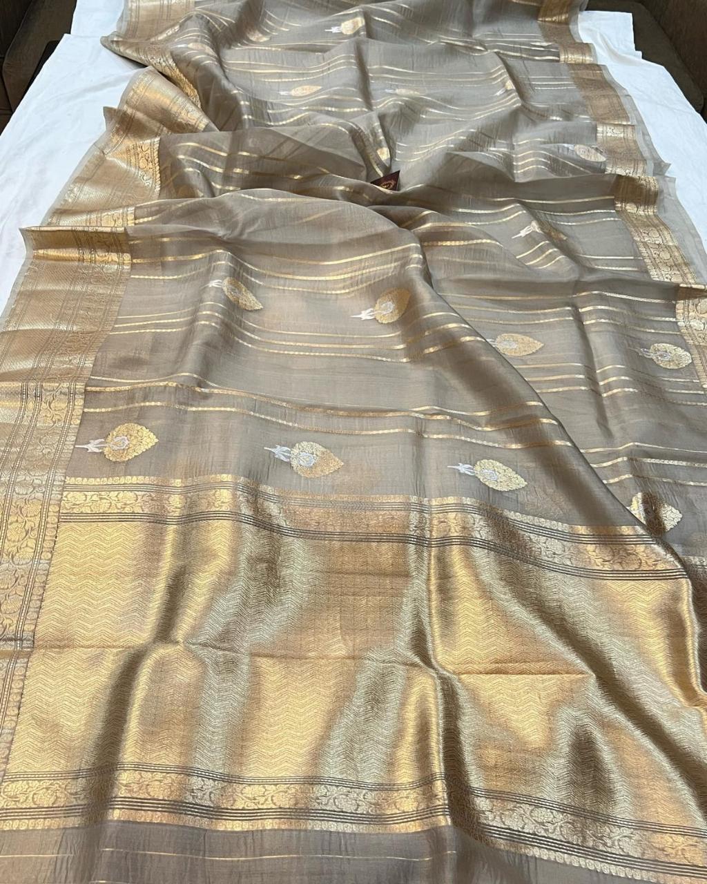 Pre-Draped Gray Kora Organza Banarasi Silk Saree