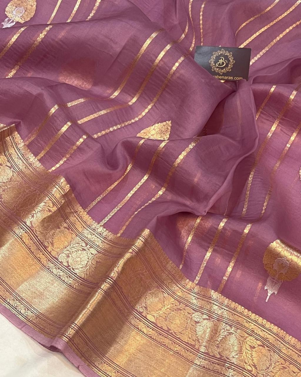 Pre-Draped Mauve Kora Organza Banarasi Silk Saree