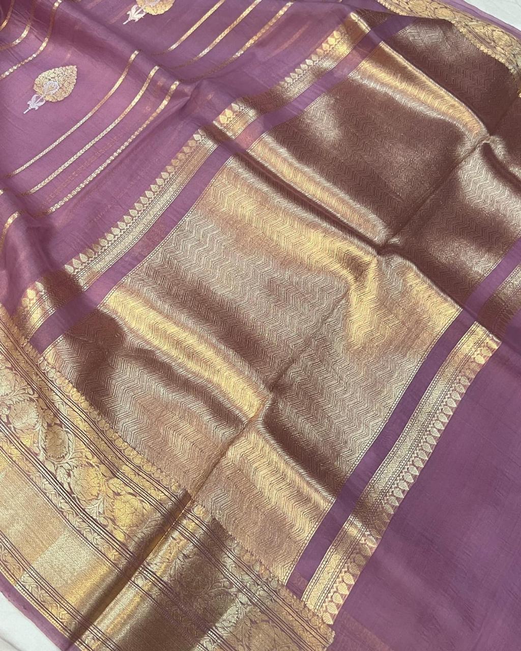 Pre-Draped Mauve Kora Organza Banarasi Silk Saree