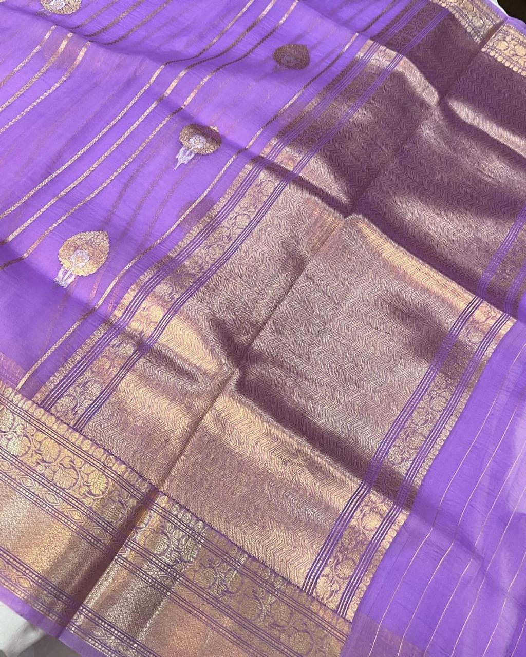 Pre-Draped Lavender Kora Organza Banarasi Silk Saree