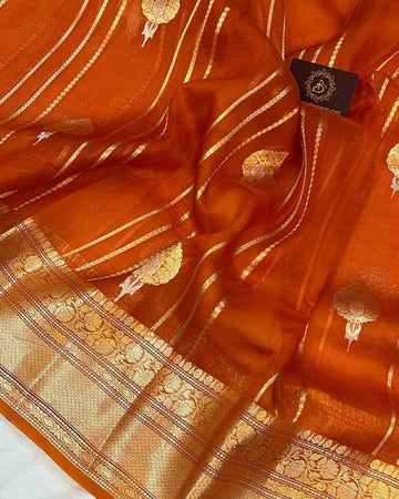 Pre-Draped Dark Orange  Kora Organza Banarasi Silk Saree