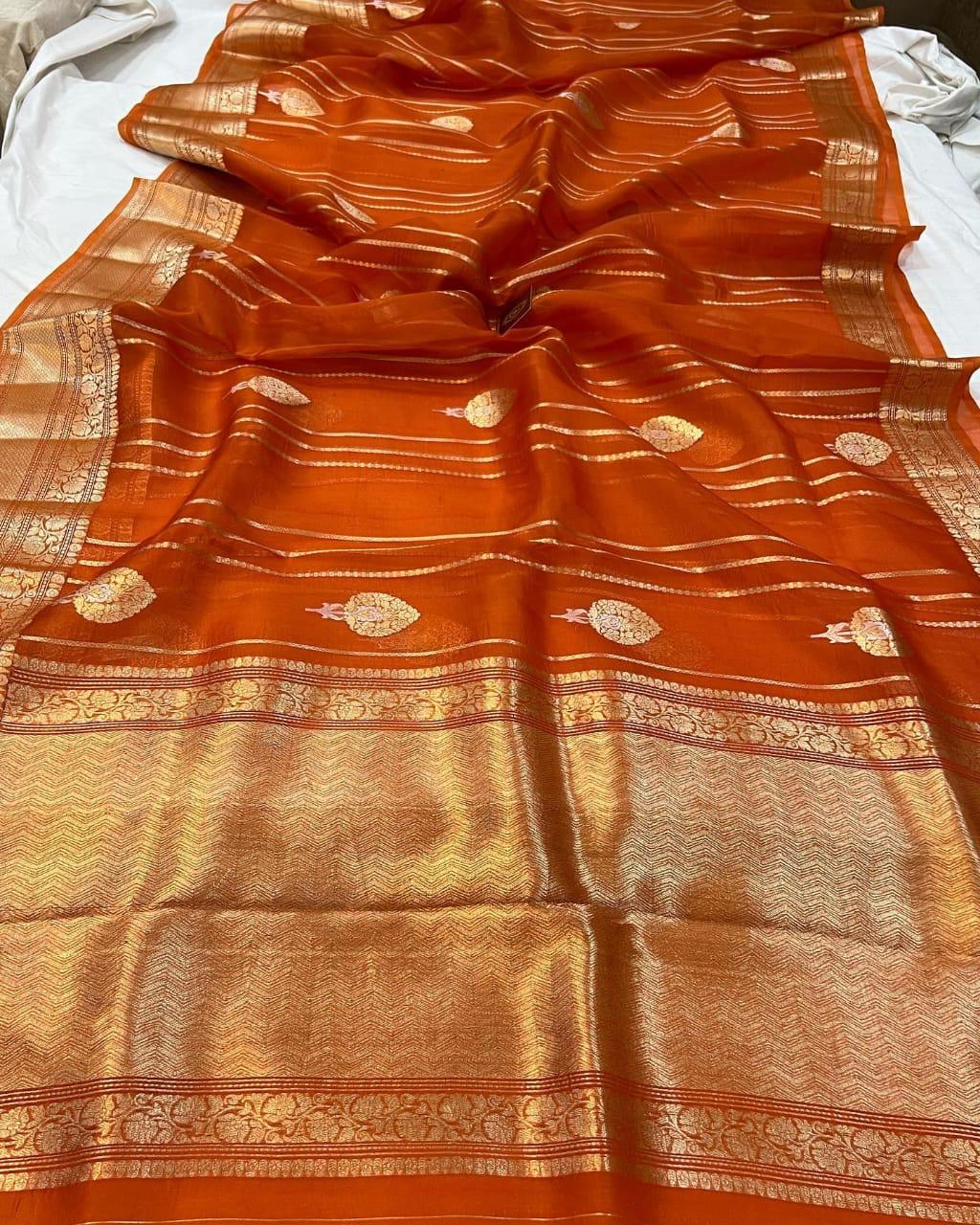 Pre-Draped Dark Orange  Kora Organza Banarasi Silk Saree