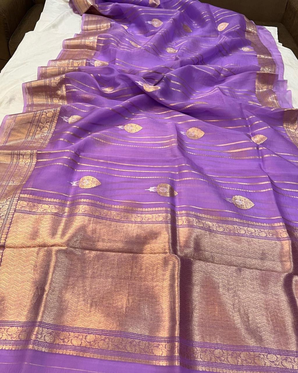 Pre-Draped Lavender Kora Organza Banarasi Silk Saree