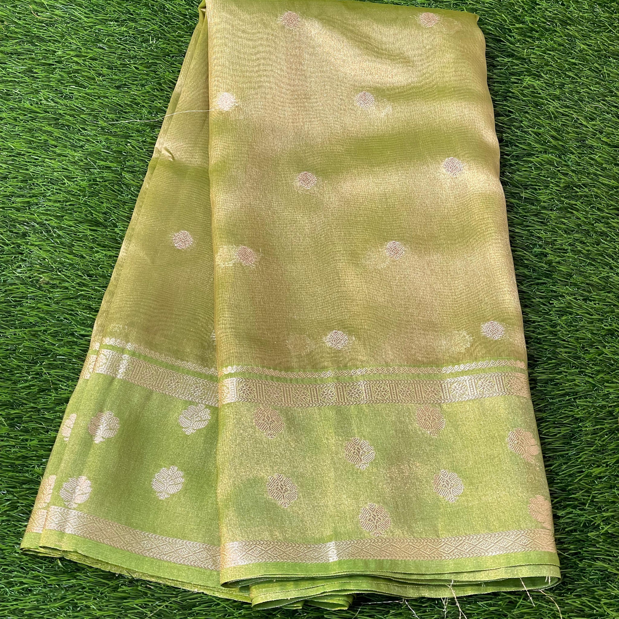 Pre-Draped Lime Green Banarasi Tissue Silk Saree