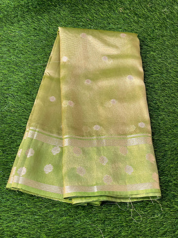 Pre-Draped Lime Green Banarasi Tissue Silk Saree