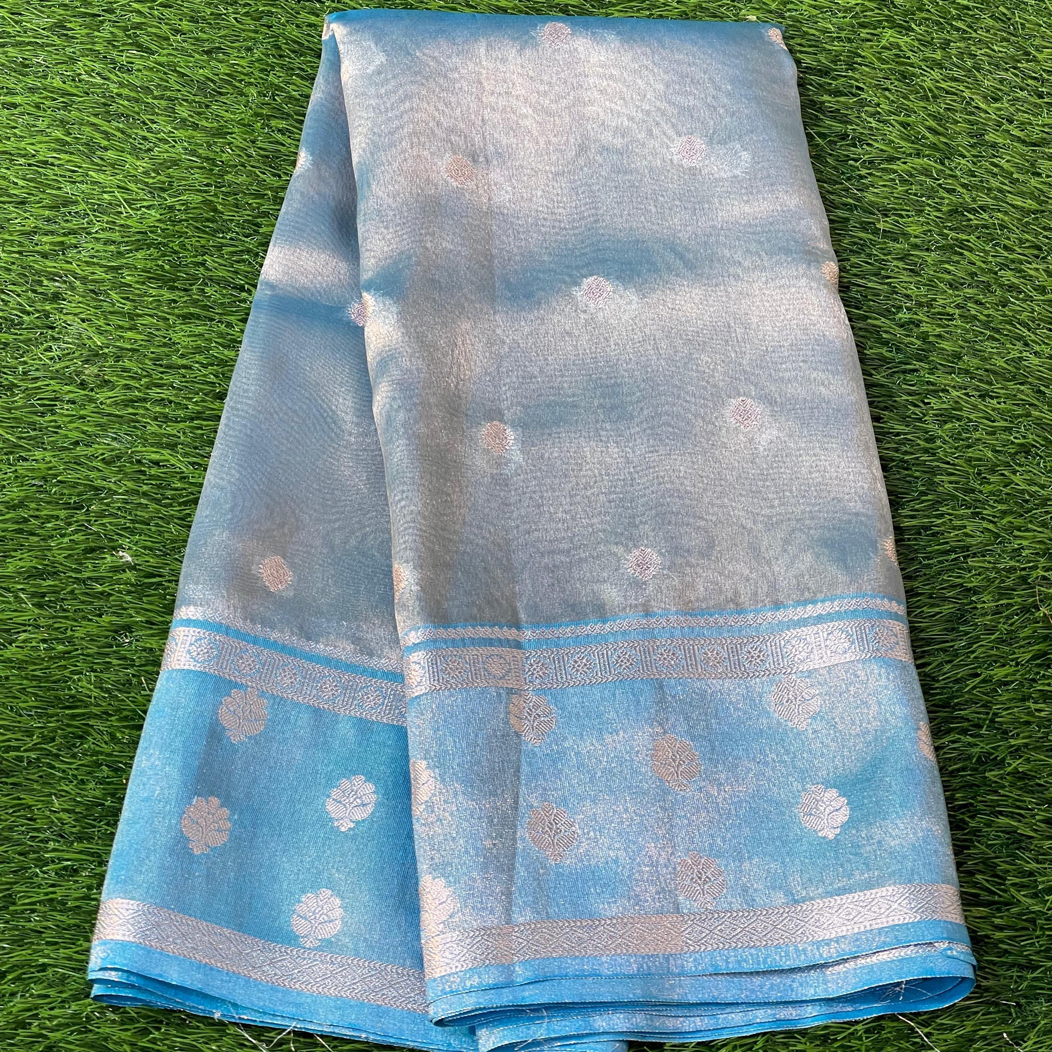 Pre-Draped Sky Blue Banarasi Tissue Silk Saree