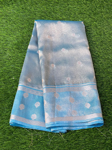 Pre-Draped Sky Blue Banarasi Tissue Silk Saree