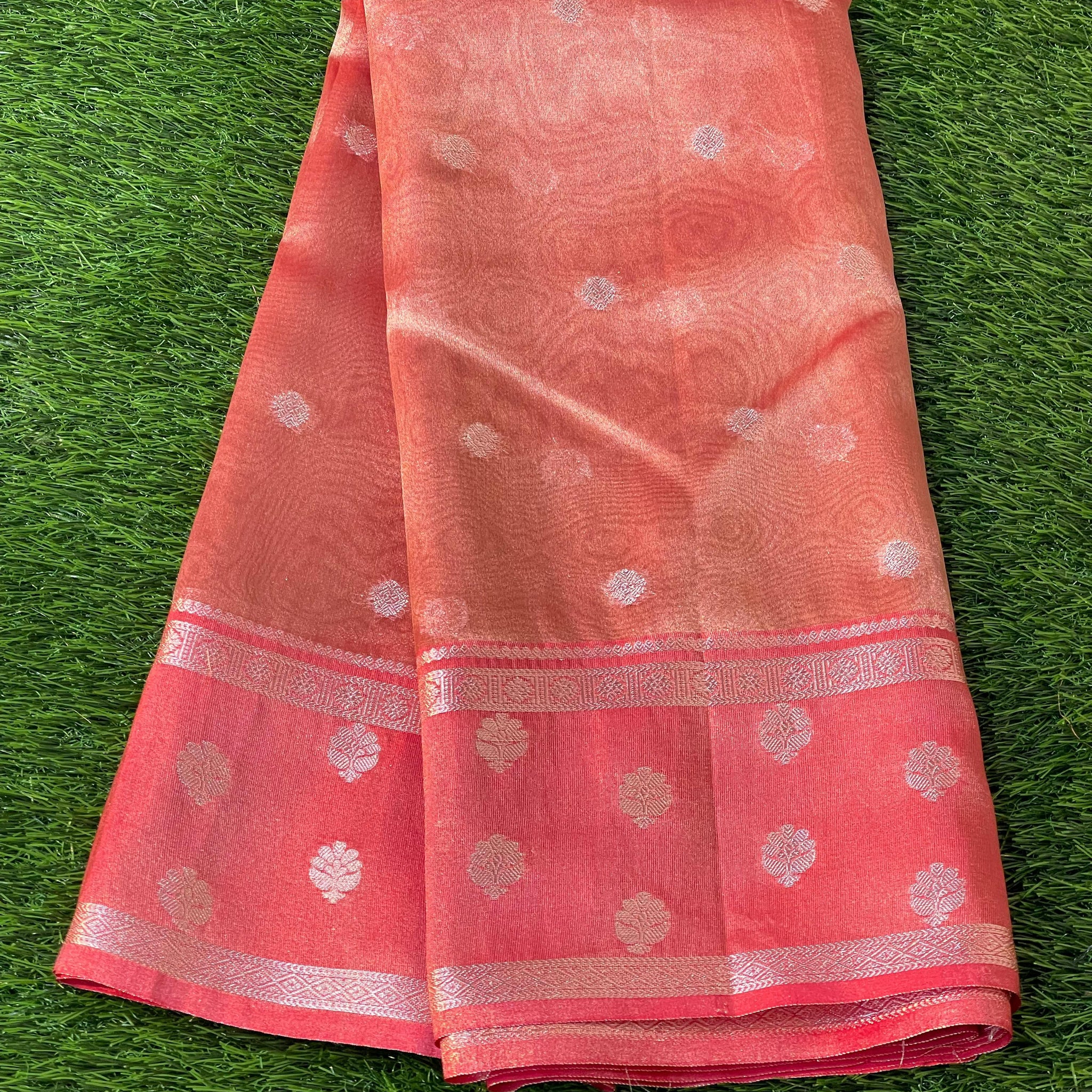 Pre-Draped Salmon Red Banarasi Tissue Silk Saree