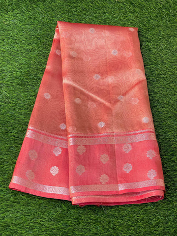 Pre-Draped Salmon Red Banarasi Tissue Silk Saree