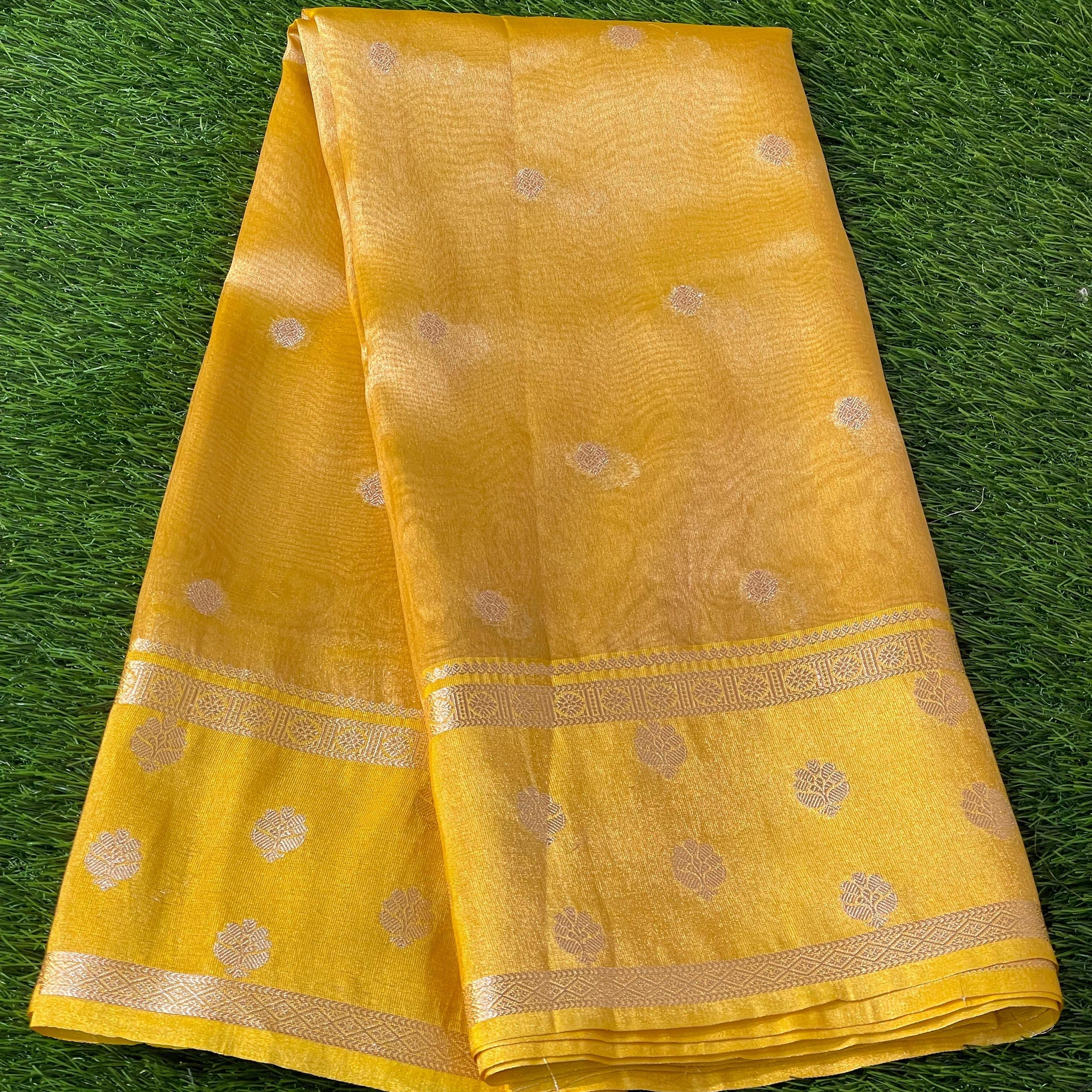 Pre-Draped Yellow Banarasi Tissue Silk Saree