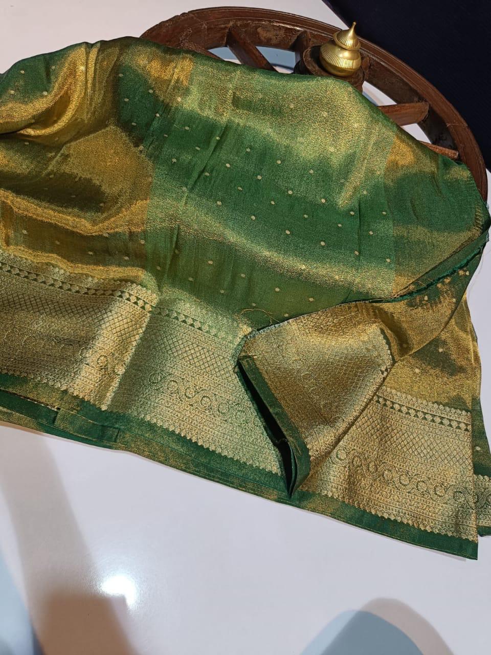 Pre Draped Green Tissue Katan Banarasi Soft Silk Saree