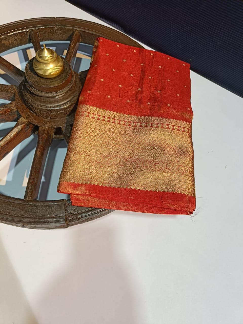 Pre Draped Red Tissue Katan Banarasi Soft Silk Saree