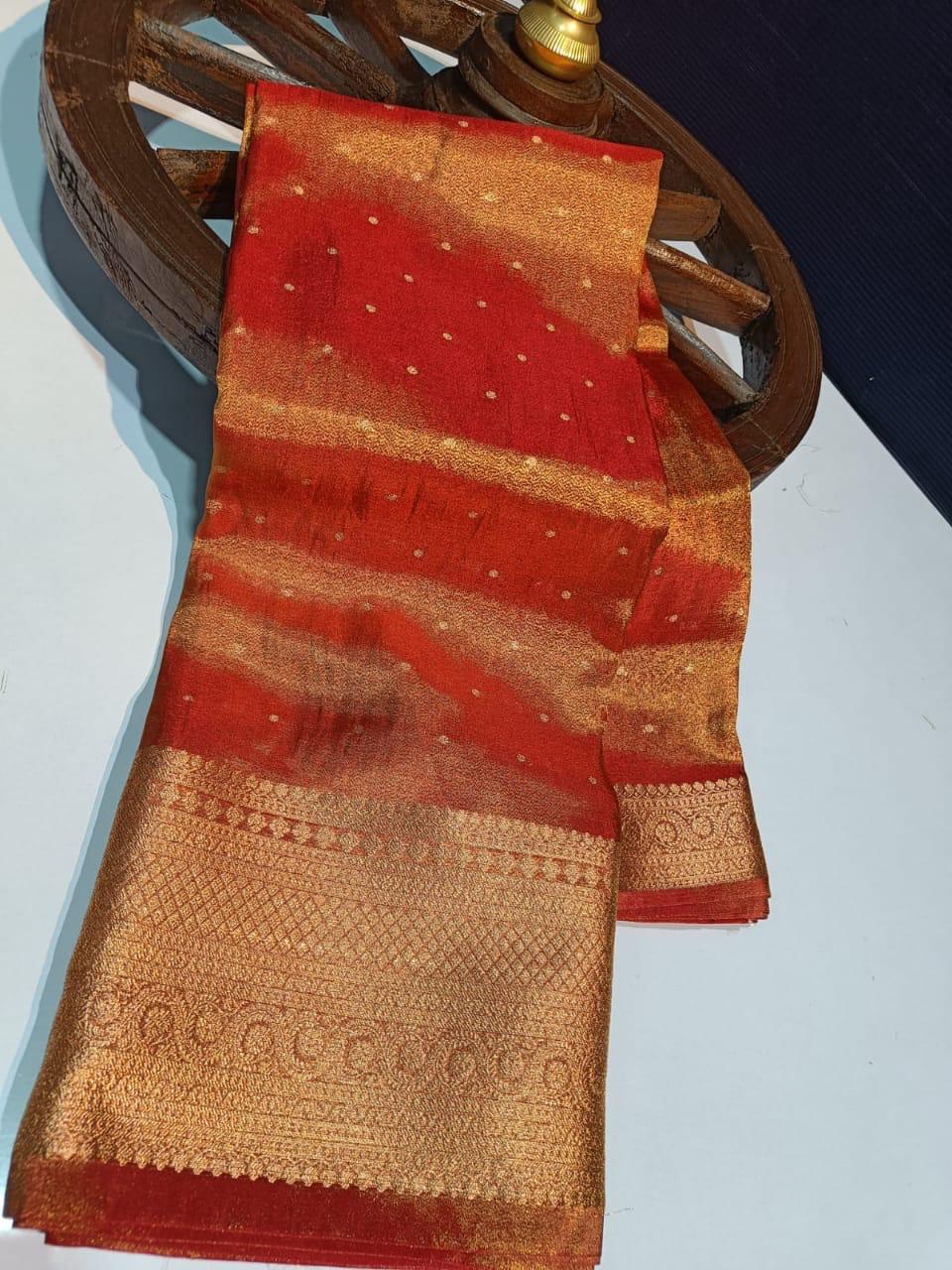 Pre Draped Red Tissue Katan Banarasi Soft Silk Saree