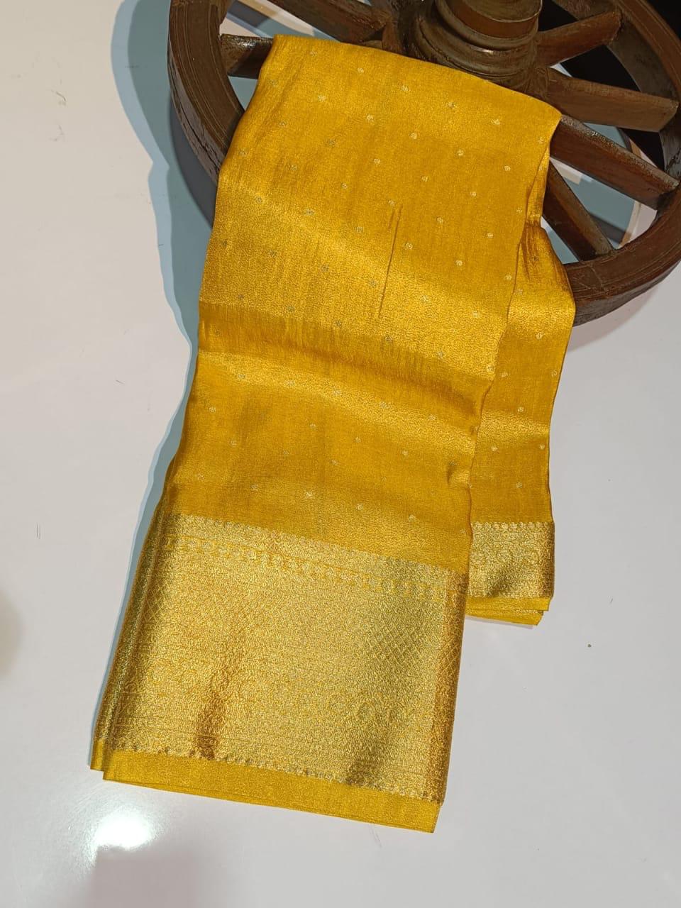 Pre Draped Yellow Tissue Katan Banarasi Soft Silk Saree