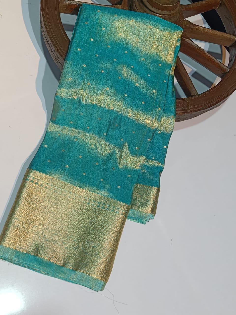 Pre Draped Sky Blue Tissue Katan Banarasi Soft Silk Saree