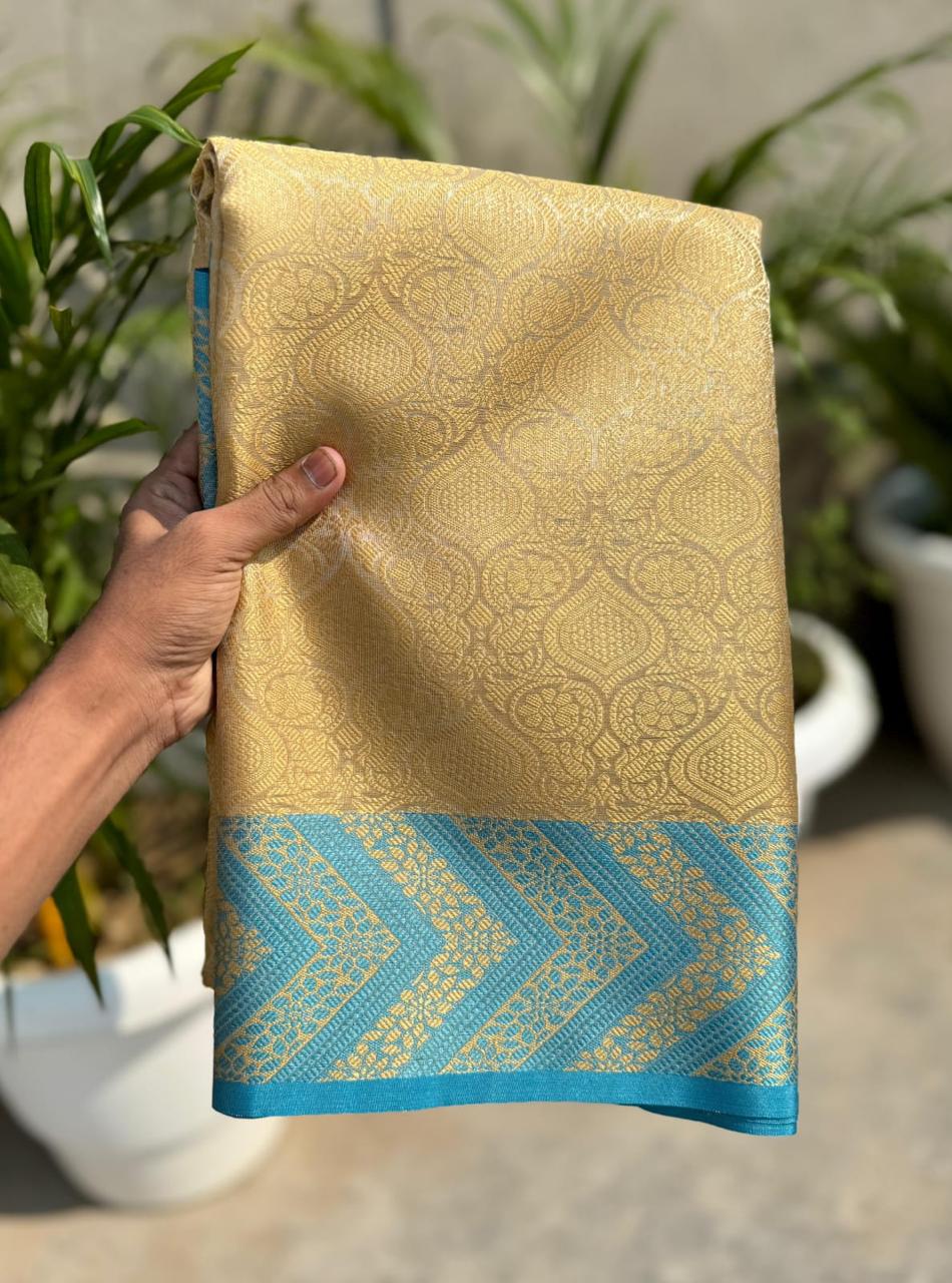 Pre Draped Beige Tissue Silk Saree