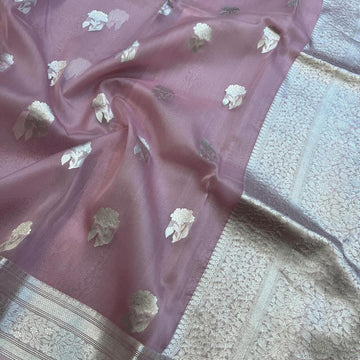 Pre-Draped Dusky Pink Kora Organza Banarasi Silk Saree