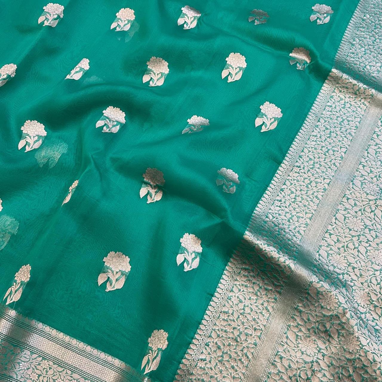 Pre-Draped Sea Green Kora Organza Banarasi Silk Saree