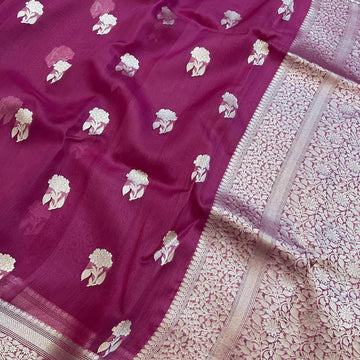 Pre-Draped Magenta Pink Kora Organza Banarasi Silk Saree