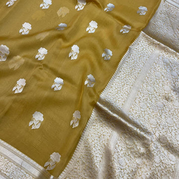 Pre-Draped Mustard Yellow Kora Organza Banarasi Silk Saree