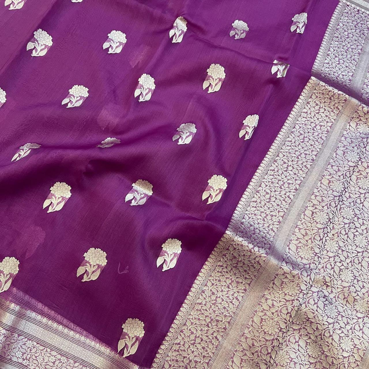 Pre-Draped Purple Kora Organza Banarasi Silk Saree