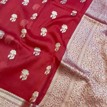 Pre-Draped Red Kora Organza Banarasi Silk Saree