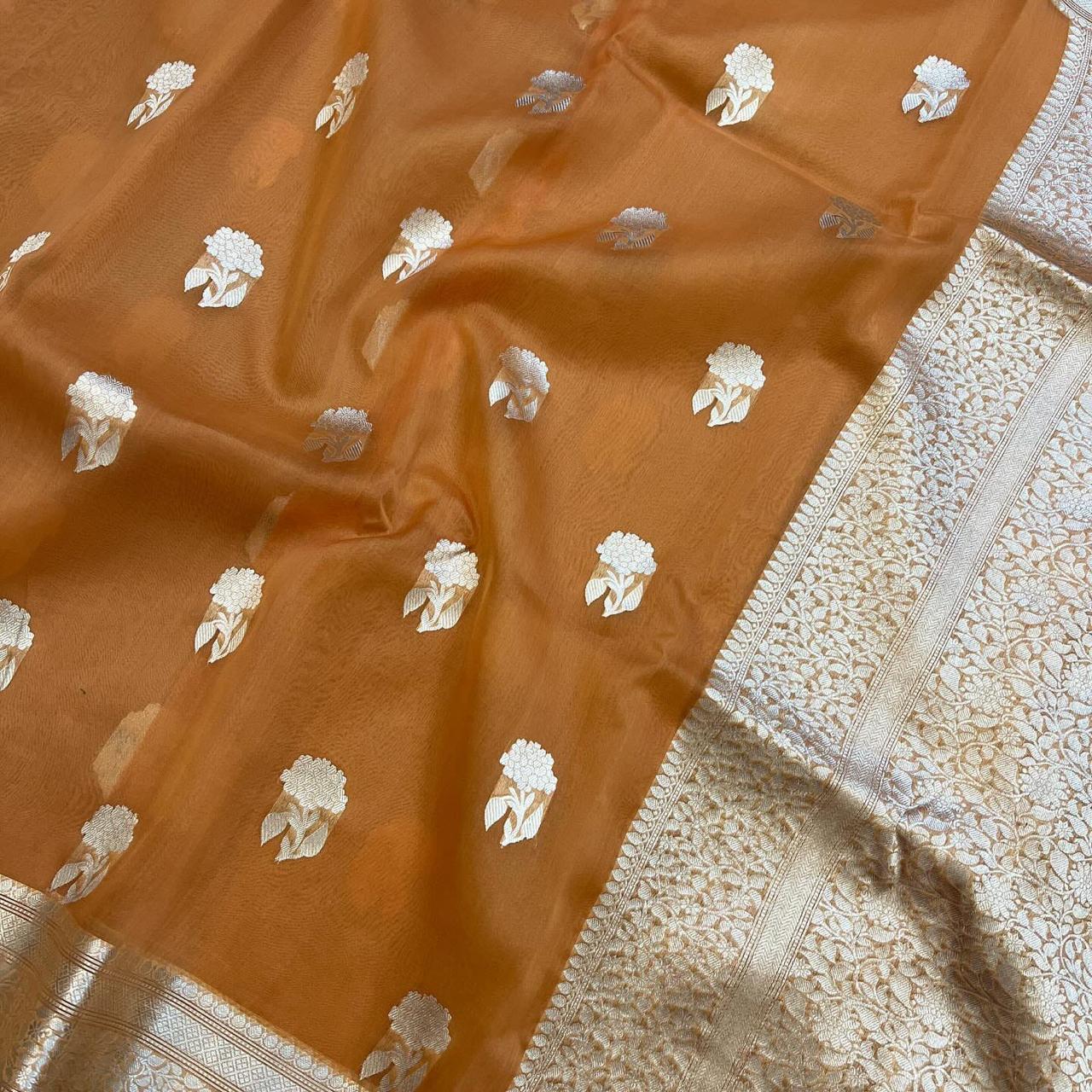 Pre-Draped Rust Orange Kora Organza Banarasi Silk Saree