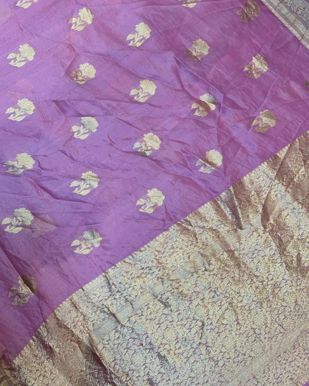 Pre-Draped Lavender Kora Organza Banarasi Silk Saree