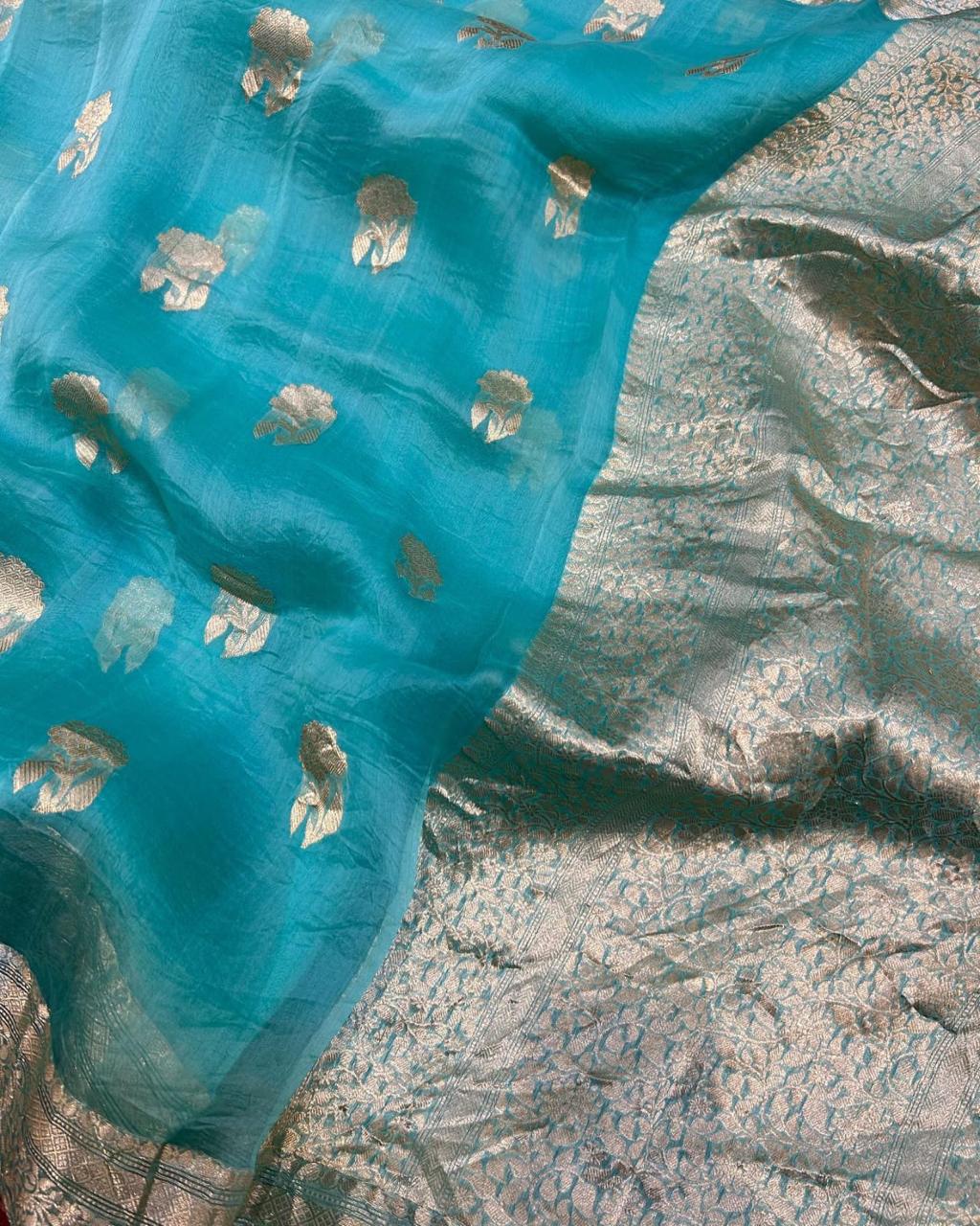 Pre-Draped Sky Blue Kora Organza Banarasi Silk Saree