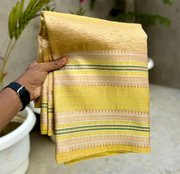 Yellow Pre Draped Tissue Crush Soft Banarasi Saree