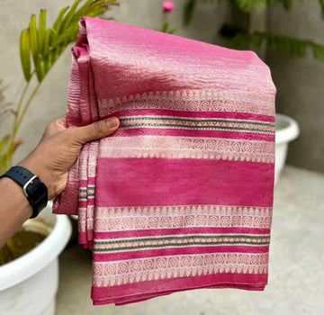 Pre-Draped Taffy Pink Semi Crush Tissue Banarasi Silk Saree