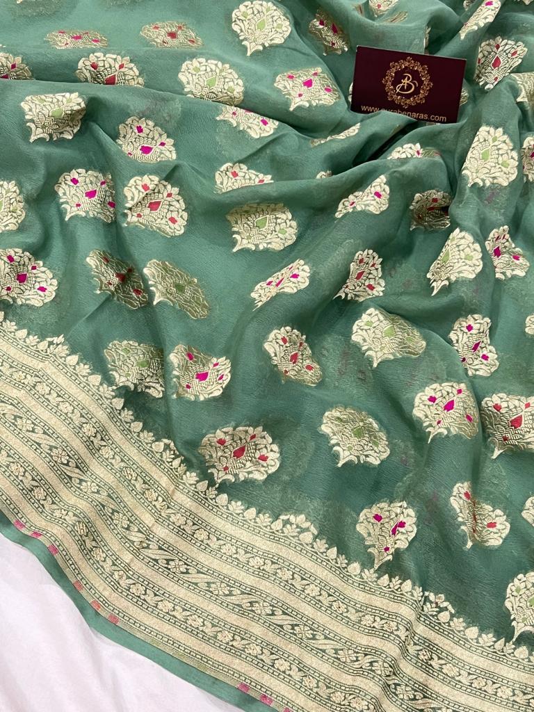 Pre-Draped Dusky Green Semi Georgette Banarasi Soft Silk saree