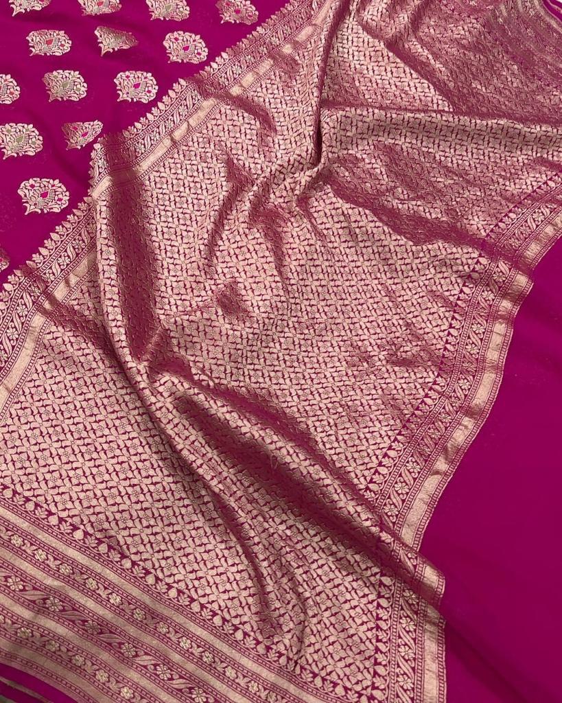 Pre-Draped Magenta Pink Semi Georgette Banarasi Soft Silk saree