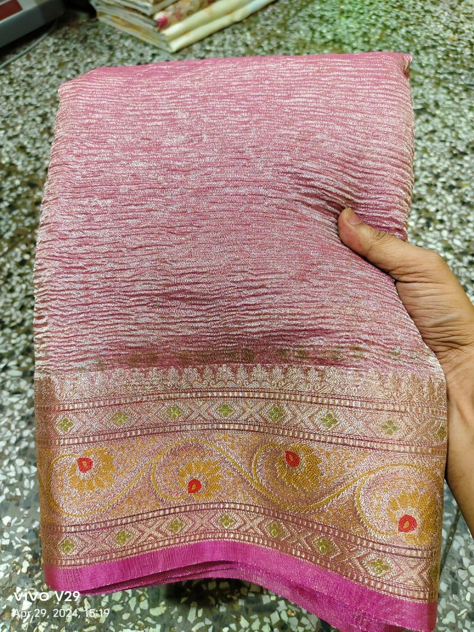 Pre-Draped Pink Crush Tissue Banarasi Silk Saree