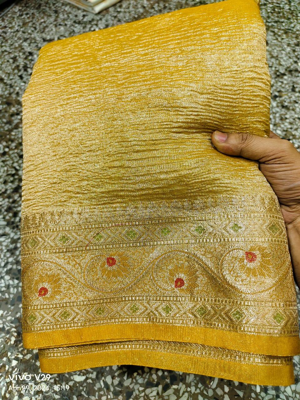 Pre-Draped Yellow Crush Tissue Banarasi Silk Saree