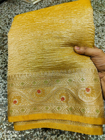 Pre-Draped Yellow Crush Tissue Banarasi Silk Saree