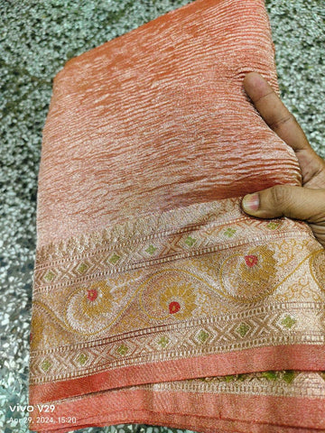 Pre-Draped Peach Crush Tissue Banarasi Silk Saree