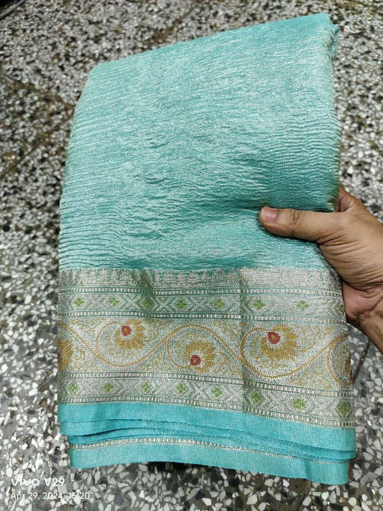 Pre-Draped Sky Blue Crush Tissue Banarasi Silk Saree