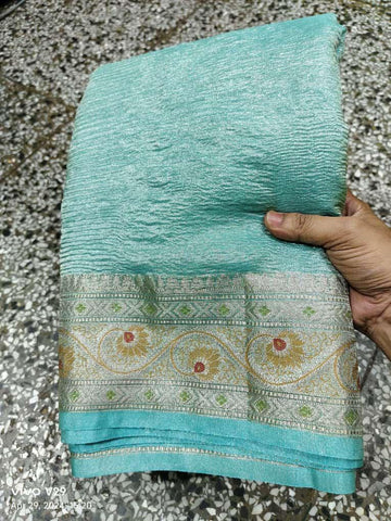 Pre-Draped Sky Blue Crush Tissue Banarasi Silk Saree