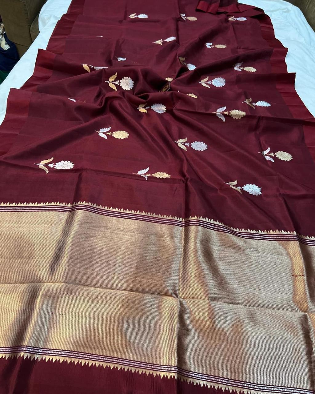 Pre-Draped Maroon Semi Georgette Banarasi Soft Silk saree